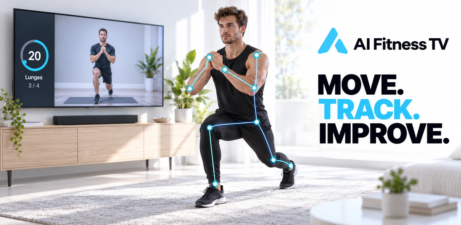 AI Fitness TV: a man following a lunge workout on his television, with an illustrative movement tracking overlay. Move. Track. Improve.