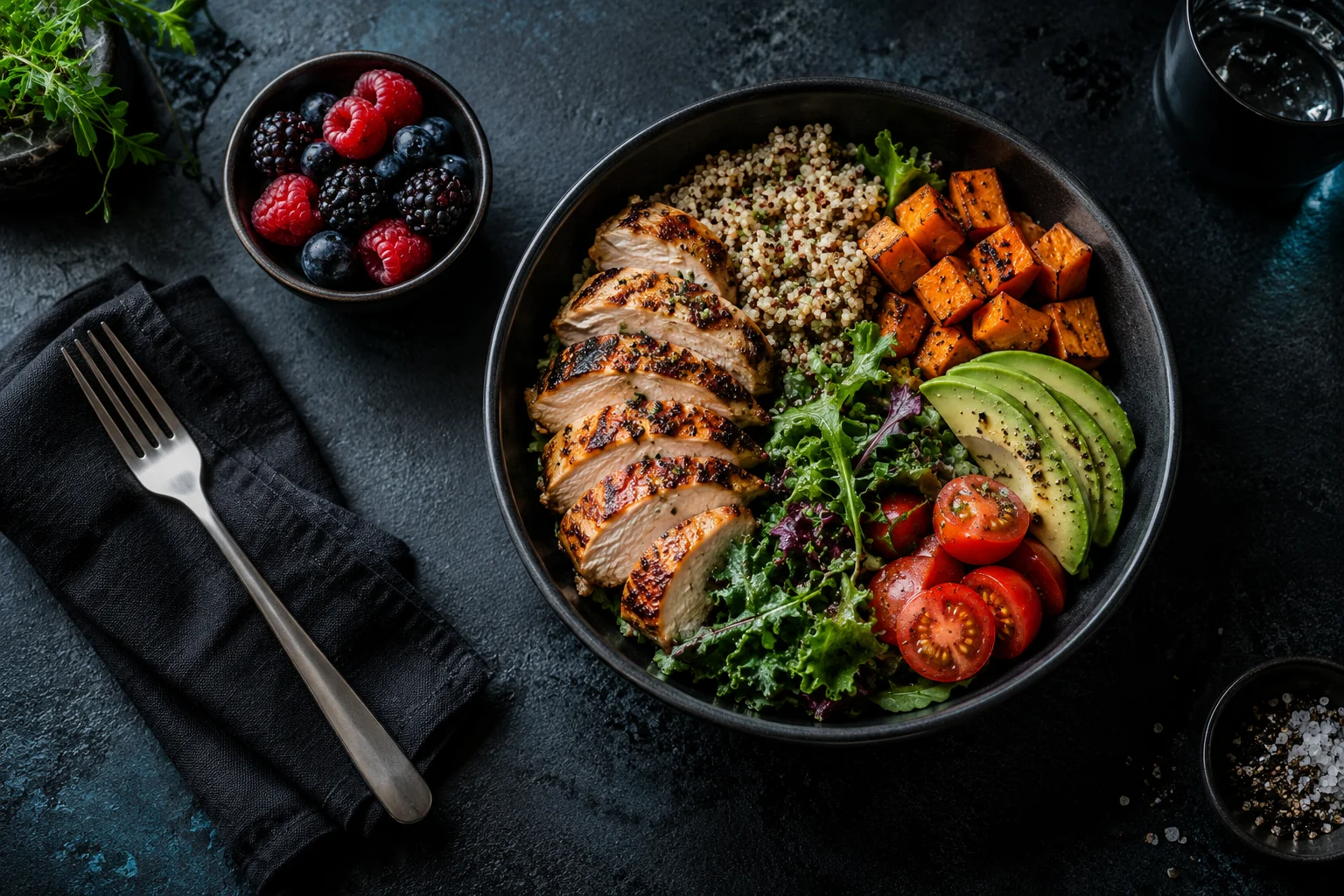 Chicken, quinoa, avocado and vegetables in a dark ceramic bowl